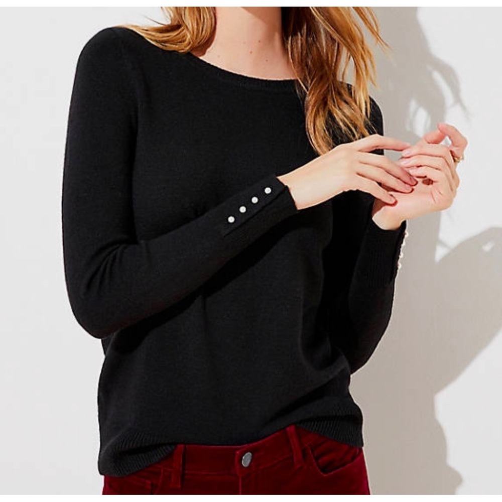 Loft Sweater Women's Medium Black Pearl Sleeves Stretchy Soft Cozy Wool Blend